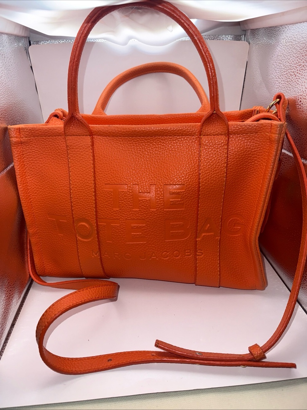 Marc Jacobs Orange Pebbled Leather Tote with Embossed Logo